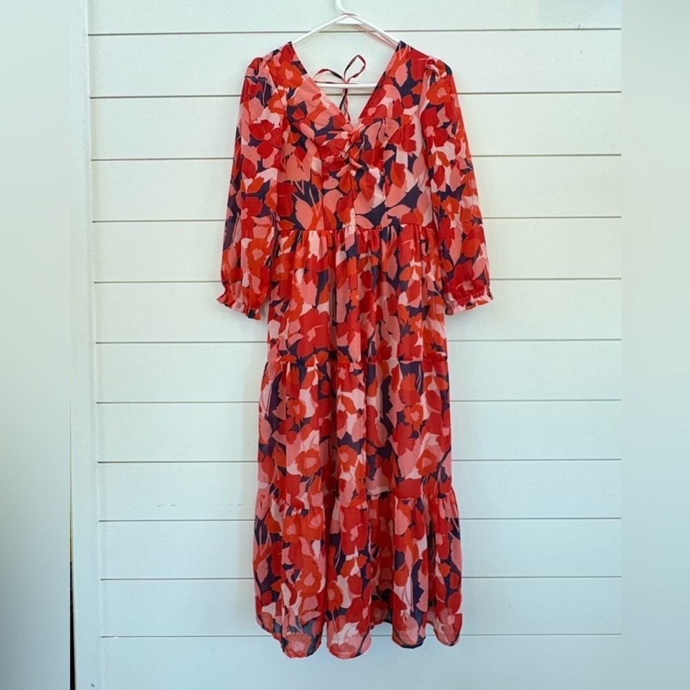 Sincerely Jules Red and Pink Floral Long Sleeve Dress